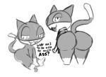  ambiguous_gender anthro atlus bandanna big_butt butt dialogue domestic_cat english_text felid feline felis forurune greyscale looking_at_viewer looking_back mammal megami_tensei megami_tensei_persona monochrome morgana_(persona) multiple_poses open_mouth pose presenting presenting_hindquarters rear_view simple_background solo text video_games white_background 