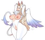  angel anthro blonde_hair breasts cherrikissu digital_media_(artwork) feathered_wings feathers female fur hair hi_res horn hybrid invalid_tag mammal nipples nude prisha pussy thick_thighs white_body white_fur wings 