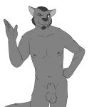  animal_genitalia balls black_and_white canid canine canis male mammal mature_male monochrome muscular netchicken.gamer nipples nude one_eye_closed sheath solo wink wolf 