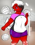  absurd_res anthro big_breasts big_butt breasts butt canid canine canis fan_character hi_res lugio-france lycanroc mammal nintendo oka_original pok&eacute;mon pok&eacute;mon_(species) red_wolf simple_background slightly_chubby sport video_games volleyball wolf 