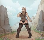  2019 blonde_hair blue_eyes bound breasts camel_toe clothing detailed_background female fishnet hair human human_only legwear lunate mammal nipples not_furry open_mouth outside solo standing stockings story story_in_description surprise torn_clothing 