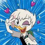  &lt;3 anatid anseriform avian beak bird clothed clothing crossover disney duck ducktales ducktales_(2017) eyelashes eyeshadow feathers gesture hair hi_res lena_(ducktales) makeup noisypaperdragon one_eye_closed open_mouth open_smile peni_parker smile spider-man:_into_the_spider-verse v_sign white_body white_feathers white_hair wink 