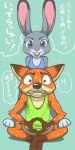  anthro bodily_fluids canid canine clothed clothing dipstick_ears disney duo fox green_eyes hi_res japanese_text judy_hopps lagomorph leporid looking_at_viewer mammal multicolored_ears nick_wilde open_mouth purple_eyes rabbit shirt sweat tank_top text topwear translation_request zootopia こん太 