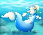  2019 anthro blonde_hair breasts bubble clothing female green_eyes hair legwear lillie_(pok&eacute;mon) nintendo open_mouth pok&eacute;mon pok&eacute;mon_(species) ponytail primarina shirt socks solo subakitsu surprise topwear transformation underwater video_games water 