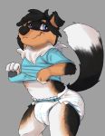  2019 4_fingers anthro black_body black_fur black_nose blue_clothing blue_eyes blue_shirt blue_topwear brown_body brown_fur canid canine canis clothed clothing clothing_lift diaper domestic_dog fingers fur hi_res kuuneho looking_away male mammal neck_tuft raised_tail shirt shirt_lift simple_background solo standing star_eyes topwear tuft white_body white_fur 