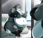  2017 4_toes alicia_(biglovealicia) anthro belly big_belly big_breasts biglovealicia black_body black_fur black_hair black_lips black_nose blue_eyes bottomwear bra breasts canid canine canis clothed clothing curves digital_media_(artwork) female fingers fur hair huge_breasts hyper hyper_belly inside lips mammal obese obese_female overweight overweight_female panties partially_clothed solo standing toes topwear underwear weight_gain white_body white_fur wide_hips wolf 