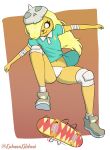  2019 adventure_time anthro armor bandage blonde_hair bronwyn canid canine cartoon_network clothed clothing digital_media_(artwork) female footwear fur hair headgear helmet hi_res kahunakilolani knee_pads mammal panties simple_background skateboard smile solo underwear 