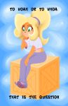 2019 7-light-of-shadows-7 accessory activision anthro bandicoot black_nose blonde_hair blue_background blue_bottomwear blue_clothing blue_footwear blue_pants blue_sandals bottomwear breasts clothed clothing coco_bandicoot crash_bandicoot_(series) crate curled_hair digital_media_(artwork) english_text eyebrows eyelashes female fist footwear fur green_eyes hair hair_accessory hair_tie hand_on_knee hi_res in_thought legwear long_hair looking_down mammal marsupial midriff orange_body orange_fur pants pink_clothing pink_legwear pink_socks ponytail shirt simple_background sitting socks solo t-shirt text thinking topwear video_games wavy_hair white_clothing white_shirt white_topwear 