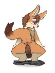  anthro biped black_nose canid canine clothed clothing crouching dipstick_tail eyebrows eyewear feces fox fur glasses hair looking_back mammal msnake multicolored_tail pants_down partially_clothed pooping rear_view scat solo 