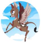  2019 ambiguous_gender avian blue_eyes brown_body brown_fur cervid detailed_background digital_media_(artwork) dvixie feathered_wings feathers feral fur hi_res hooves hybrid mammal open_mouth smile solo teeth tongue wings 