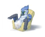  3_toes 5_fingers anthro avian biped bird chair diaper eyebrows feces fingers furniture hair male messy_diaper msnake scat simple_background sitting soiling solo spread_legs spreading toes white_background 