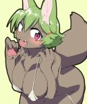  anthro blush brown_body brown_fur canid canine clothing cute_fangs female fur green_hair hair mammal open_mouth pink_nose purple_eyes simple_background smile solo swimwear tanu-tan 