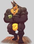  2018 absurd_res anthro big_muscles big_nipples black_body black_fur black_nipples black_nose brown_body brown_fur canid canine canis chain clothing cursedmarked dobermann domestic_dog flexing fur grey_eyes grin hi_res huge_bulge huge_muscles jewelry looking_at_viewer male mammal multicolored_body multicolored_fur muscular muscular_male necklace nipple_piercing nipples phone piercing pinscher plantigrade simple_background smile solo standing thong two_tone_body two_tone_fur 