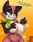  2019 4_fingers ? adorabat anthro areola big_breasts black_body black_fur black_nose blue_body blue_eyes blue_fur breasts canid canine cartoon_network chiropteran conditional_dnp covering_eyes domestic_cat dotted_background english_text felid feline felis female fingers fur group half-closed_eyes hand_on_breast male mammal mao_mao:_heroes_of_pure_heart nipples pattern_background raccoon_dog scarf sharp_teeth sheriff_mao_mao_mao signature simple_background smile tanuki tanya_keys teckworks teeth text 