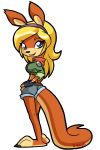  2012 anthro barefoot black_nose blonde_hair blue_eyes bottomwear breasts butt clothing female hair jak_and_daxter mammal mustelid naughty_dog ottsel rongs1234 shorts simple_background smile solo sony_corporation sony_interactive_entertainment standing tess_(jak_and_daxter) video_games white_background 