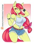  2019 absurd_res accessory aged_up amber_eyes ambris anthro anthrofied apple_bloom_(mlp) belt bottomwear bracelet breasts cleavage clock clothed clothing cutoffs denim denim_clothing ear_piercing ear_ring earth_pony equid equine female friendship_is_magic hair hair_accessory hair_bow hair_ribbon hi_res horse jewelry long_hair looking_at_viewer mammal midriff my_little_pony necklace patreon piercing pony red_hair ribbons shirt shorts smile solo tank_top topwear torn_clothing url watch wristwatch 