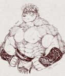  2019 abs accessory anthro armor belt biceps big_muscles canid canine canis chest_tuft clothing gauntlets gloves hands_on_hips handwear headband hi_res horkeukamui loincloth looking_at_viewer male mammal monochrome muscular muscular_male nipples pecs shiriya_k simple_background solo standing tokyo_afterschool_summoners tuft video_games wolf 