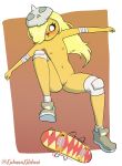  2019 adventure_time anthro armor bandage blonde_hair blush breasts bronwyn canid canine cartoon_network clothing digital_media_(artwork) embarrassed female flat_chested footwear fur hair headgear helmet hi_res kahunakilolani knee_pads mammal nipples nude pussy simple_background skateboard solo 