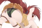  2019 armor blush brown_eyes butt clothing earth_pony equid equine fan_character female feral hair hi_res horse macro mammal my_little_pony ncmares open_mouth panties pony simple_background size_difference underwear upskirt white_background 