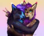  2019 5_fingers anthro black_body black_fur blue_eyes brown_body brown_fur digital_media_(artwork) duo eyes_closed felid feline fingers fur gale_frostbane goldendruid gradient_background hair looking_at_viewer lynx mammal purple_hair simple_background smile strobes whiskers 