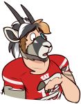  2019 american_football antelope anthro binturongboy blue_eyes bovid brown_hair clothed clothing digital_media_(artwork) football_player fur grazing_antelope hair hooves horn jersey male mammal open_mouth oryx simple_background solo sport transformation white_body white_fur white_hair 