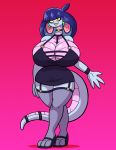  2019 anthro big_breasts blush breasts choker clothing cobra cute_fangs dress female footwear hair hi_res high_heels huge_breasts jewelry looking_at_viewer necklace open_mouth prinnydood purple_hair red_eyes reptile scalie shoes simple_background snake solo standing thick_thighs wide_hips yellow_sclera 