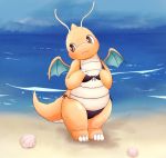  2014 beach bikini black_bikini blush claws clothing dragonite looking_away mei_(artist) nervous nintendo outside pok&eacute;mon pok&eacute;mon_(species) sea seashell seaside shell sky solo standing swimwear video_games water wet wings yellow_body yellow_skin 