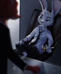  2019 absurd_res anthro barefoot belt black_body black_fur blue_eyes bottomwear canid canine chair cigarette claws clock clothed clothing dipstick_ears disney duo ears_up facial_markings fox fur furniture grey_body grey_fur head_markings head_tuft hi_res holding_drink jack_savage lagomorph leporid male mammal markings multicolored_ears necktie nick_wilde orange_body orange_fur pants rabbit red_fox relaxable relaxablefur signature sitting smile solo_focus standing suit toe_claws watch zootopia 