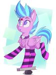  2019 blue_hair clothing digital_media_(artwork) equid equine fan_character feathered_wings feathers female feral fur hair hi_res legwear mammal my_little_pony pink_body pink_feathers pink_fur pterippus shydale socks solo wings 