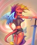  anthro clothed clothing equid equine fafecalus female hair hi_res horn mammal melee_weapon multicolored_hair my_little_pony solo sword weapon wings 