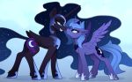  2019 black_body black_fur blue_eyes blue_hair cosmic_hair cutie_mark digital_media_(artwork) duo equid ethereal_hair female feral friendship_is_magic fur hair hi_res horn mammal my_little_pony nightmare_moon_(mlp) princess_luna_(mlp) pseudo_hair text winged_unicorn wings yakovlev-vad 