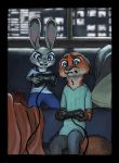  absurd_res anthro bedding blanket bottomwear buckteeth canid canine cheek_tuft clothed clothing detailed_background dipstick_ears disney duo ears_back ears_up female fluffy fox fur furniture gloves_(marking) green_eyes grey_body grey_fur grin hi_res holding_object inside judy_hopps kneeling lagomorph leporid light male mammal markings mshkaa multicolored_ears nick_wilde open_mouth open_smile orange_body orange_fur pants pivoted_ears purple_eyes rabbit red_fox shirt signature smile sofa teeth topwear tuft video_games window zootopia 