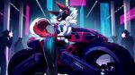  16:9 absurd_res ailaanne black_body black_fur camera female fluffy fur futuristic hi_res lights machine motorcycle noisy_(character) protogen red_body red_fur robot rubber science_fiction sleeves smile vehicle white_body white_fur 