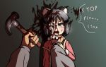  ambiguous_gender animal_humanoid blood bodily_fluids cat_humanoid clothed clothing crying dialogue duo e254e english_text felid felid_humanoid feline feline_humanoid female gore grey_hair hair hammer hi_res human humanoid mammal mammal_humanoid nichijou one_eye_closed open_mouth shinonome_nano tears teeth text tools torture wounded 