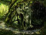  2011 5_fingers absurd_res ambiguous_gender anthro canid canine canis day detailed_background digital_media_(artwork) fingers forest fur grass grey_body grey_fur hi_res kneeling mammal outside raining solo tree water wolf wolfroad 