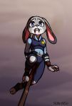  absurd_res anthro blood blood_from_mouth blue_eyes bodily_fluids breasts clothed clothing crying death disney e254e female fur gore hi_res impalement judy_hopps lagomorph leporid mammal police_uniform rabbit solo tears teeth toeless_legwear uniform zootopia 