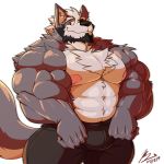  1:1 2019 anthro beard big_muscles black_nose bottomwear bulge canid canine canis clothed clothing facial_hair fur grey_body grey_fur hi_res huge_muscles looking_at_viewer male mammal multicolored_body multicolored_fur musclar_male muscular nintendo nipples pants pink_nipples red_eyes simple_background smile solo star_fox tight_clothing topless two_tone_body two_tone_fur video_games white_body white_fur wolf wolf_o&#039;donnell yongdasom 