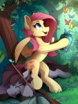  2019 absurd_res arthropod butterfly cutie_mark day detailed_background digital_media_(artwork) equid equine feathered_wings feathers fluttershy_(mlp) forest friendship_is_magic grass hi_res hooves insect lepidopteran mammal my_little_pony open_mouth outside pterippus smile tongue tree wings yakovlev-vad yellow_body yellow_feathers 