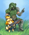  5_fingers absurd_res animal_crossing anthro armor artsheops blonde_hair canid canine canis clothed clothing crossover domestic_dog doom doom_guy duo female fingers fur grass gun hair hi_res holding_object holding_weapon human isabelle_(animal_crossing) larger_male male mammal nintendo open_mouth ranged_weapon shih_tzu size_difference smaller_female toy_dog video_games weapon yellow_body yellow_fur 