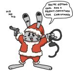  anthro barefoot christmas clothed clothing dialogue dipstick_ears disney english_text facial_markings fur grey_body grey_fur gud handcuffs hat head_markings headgear headwear holding_gun holding_object holding_weapon holidays jack_savage lagomorph leporid low_res male mammal markings multicolored_ears rabbit santa_hat santa_suit shackles simple_background solo text weapon white_background zootopia 