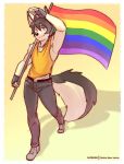  anthro canid canine clothed clothing fox hand_above_head hi_res jasper_(krazyfox) lgbt_pride male mammal pride_colors rainbow_flag rainbow_pride_flag rainbow_symbol rookie_bear shirt solo stated_homosexuality tank_top topwear walking 