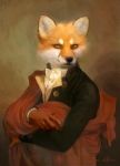  absurd_res anthro black_nose bow_tie canid canine clothed clothing coat fabric fox fur half-length_portrait hi_res ira-arn looking_at_viewer male mammal orange_body orange_fur portrait red_fox solo white_body white_fur 