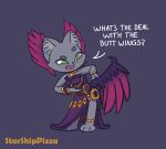  2019 anthro ashe_(starshippizza) black_nose butt_wings clothed clothing costume dialogue digital_media_(artwork) domestic_cat english_text felid feline felis female fur green_eyes grey_body grey_fur grey_tail inner_ear_fluff long_tail mammal question simple_background solo speech_bubble standing starshippizza text whiskers wings 