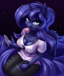  2019 anthro bottomwear breasts bubble_gum cellphone cleavage clothed clothing equid equine female friendship_is_magic hi_res horn mammal my_little_pony pants phone pony-way princess_luna_(mlp) shirt sitting smartphone solo topwear torn_bottomwear torn_clothing torn_pants winged_unicorn wings 
