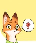  ! anthro bate_(artist) beef black_nose brown_body brown_fur canid canine cheek_tuft clothed clothing dipstick_ears disney fluffy food fox front_view fur green_eyes inner_ear_fluff male mammal meat multicolored_ears neck_tuft nick_wilde orange_body orange_fur reaction_image red_fox shirt simple_background solo speech_bubble steak topwear tuft white_body white_fur yellow_background zootopia 