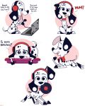  101_dalmatian_street 101_dalmatians canid canine canis collar computer d.j._(101_dalmatians) dalmatian disney domestic_dog english_text headphones hi_res higgly_town_hero laptop mammal record simple_background text white_background 
