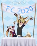  anthro banner blue_eyes bottomwear canid canine cheek_tuft clothed clothing dipstick_ears disney duo english_text female fluffy fluffy_tail fox furniture green_eyes happy head_tuft inner_ear_fluff lagomorph leporid male mammal multicolored_ears open_mouth open_smile pawpads rabbit ribbontail_(character) shirt shorts smile table tank_top teeth text tongue topwear tuft vulpesvant vulpesvant_(character) zootopia 