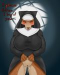  anthro big_breasts blackbetty blush bodily_fluids breasts canid canine clothing eyes_closed female fox genital_fluids mammal nun presenting presenting_pussy pussy pussy_juice sister_maria_codarossa sweat text tongue tongue_out upskirt wide_hips 