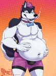  2019 5_fingers anthro belly biceps big_belly black_body black_fur black_nose black_skin blue_eyes bulge canid canine canis clothed clothing collar domestic_dog ear_piercing ear_ring eyebrows fingers fur hair hungothenomster husky hybrid licking licking_lips looking_at_viewer male mammal musclegut nordic_sled_dog pecs piercing pink_hair raised_eyebrows smile solo spitz standing tight_underwear tongue tongue_out topless underwear white_body white_fur white_skin wolf 