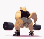  2019 anthro barbell big_muscles bodily_fluids bottomwear bulge butt canid canine canis clothing deadlift domestic_dog exercise fur invalid_tag kerun male mammal muscular muscular_male shirt shorts simple_background sneakers solo sweat tank_top topwear weightlifting workout yellow_body yellow_fur 
